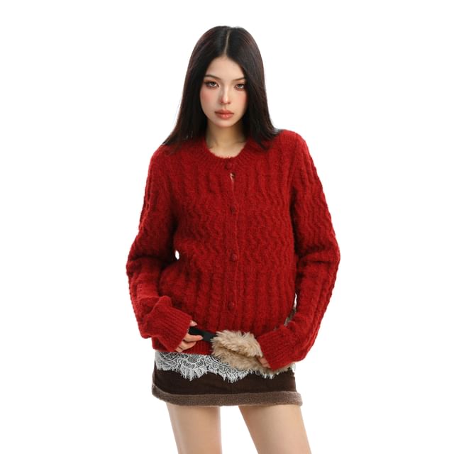 Crewneck Plain Button-Up Cardigan