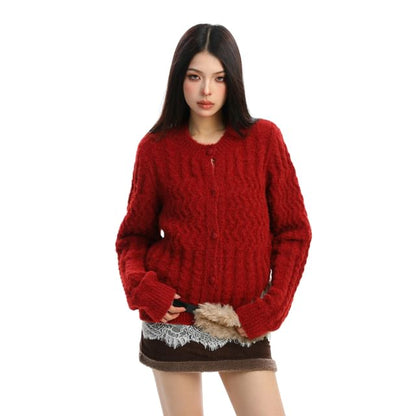 Crewneck Plain Button-Up Cardigan