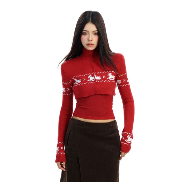 Mock Neck Cardigan with Camisole Two-Piece Set