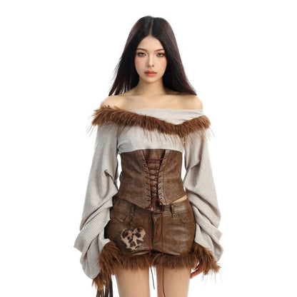 Off-Shoulder Corset Top with Faux Leather Pants