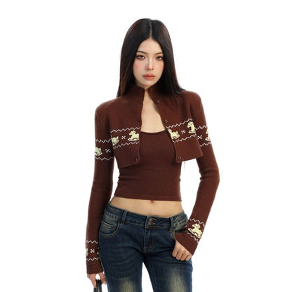 Mock Neck Cardigan with Camisole Two-Piece Set