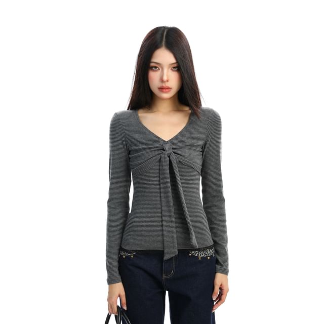 V-Neck Striped Long Sleeve Top