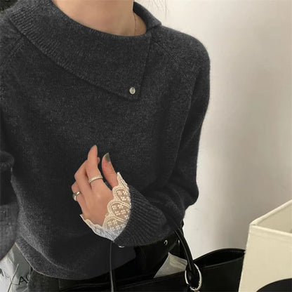 Lace Trim Collared Knit Pullover