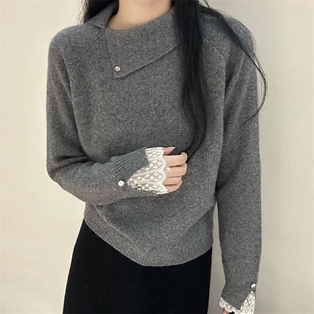 Lace Trim Collared Knit Pullover