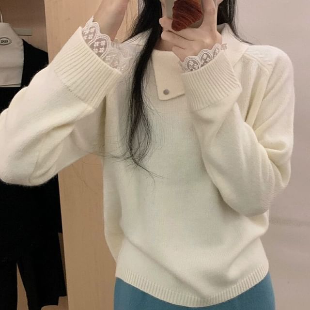 Lace Trim Collared Knit Pullover