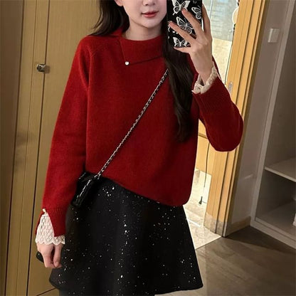 Lace Trim Collared Knit Pullover