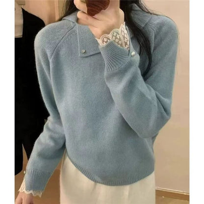 Lace Trim Collared Knit Pullover