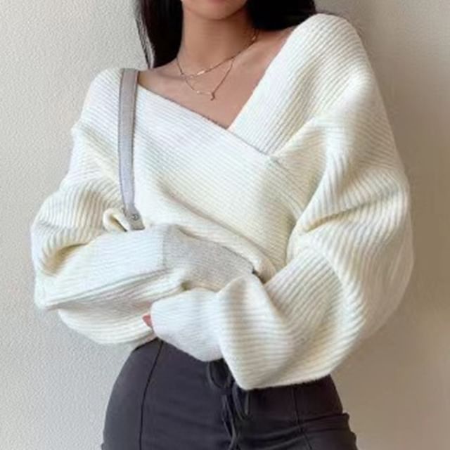 Ribbed V-Neck Sweater with Side Slit