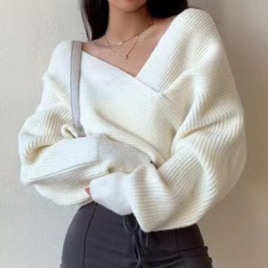 Ribbed V-Neck Sweater with Side Slit
