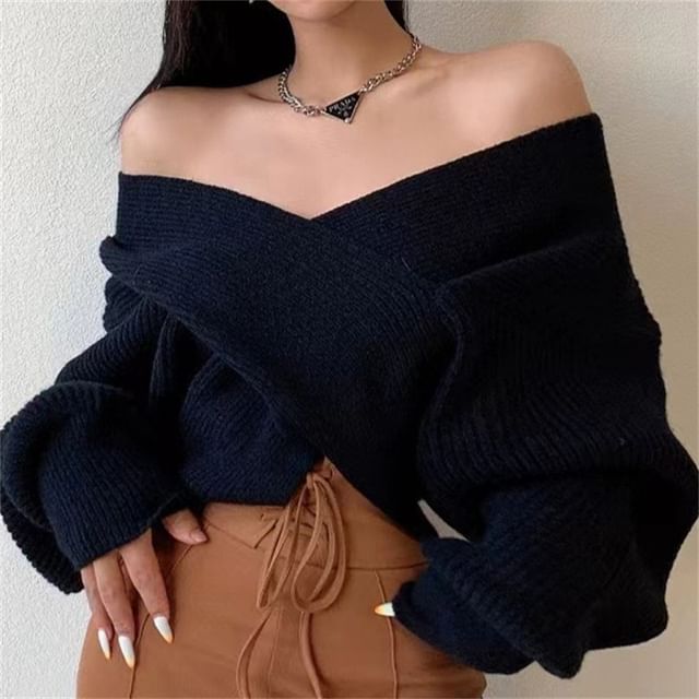 Ribbed V-Neck Sweater with Side Slit