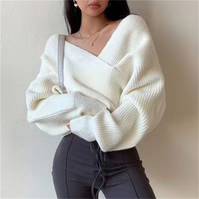 Ribbed V-Neck Sweater with Side Slit