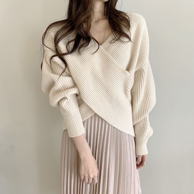 Ribbed V-Neck Sweater with Side Slit