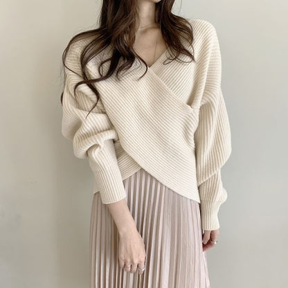 Ribbed V-Neck Sweater with Side Slit