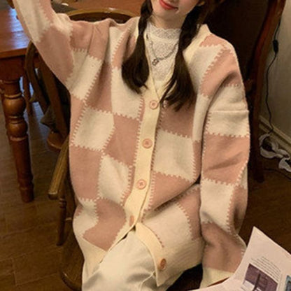 V-Neck Checkerboard Button-Up Cardigan