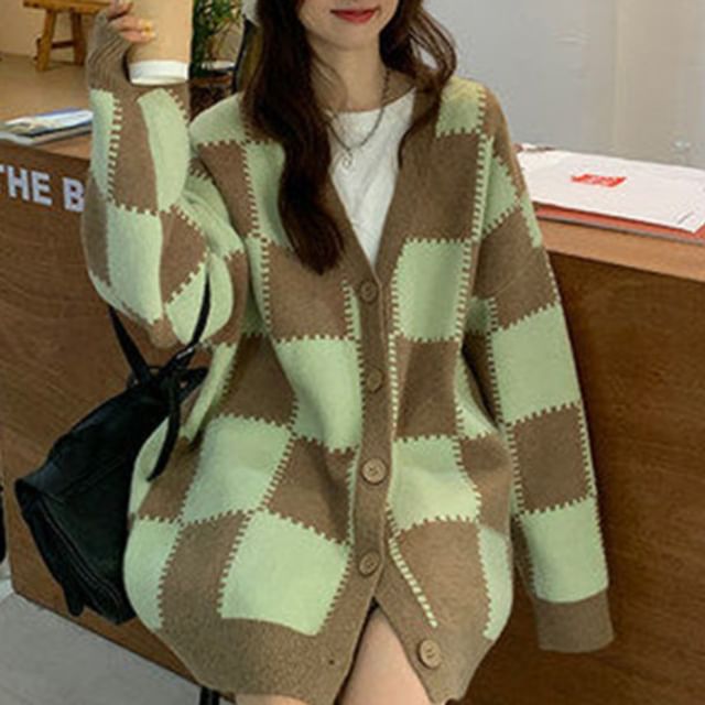 V-Neck Checkerboard Button-Up Cardigan