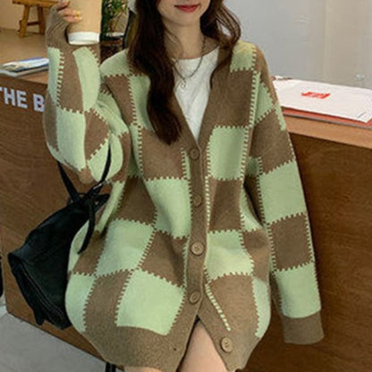 V-Neck Checkerboard Button-Up Cardigan