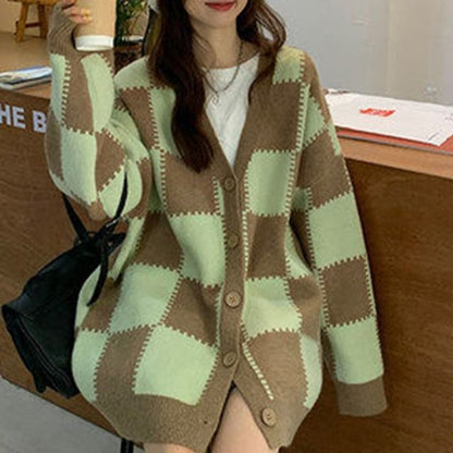 V-Neck Checkerboard Button-Up Cardigan