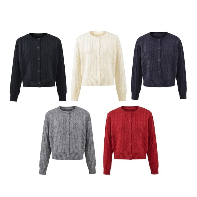 V-Neck Plain Cable Knit Button Up Cardigan