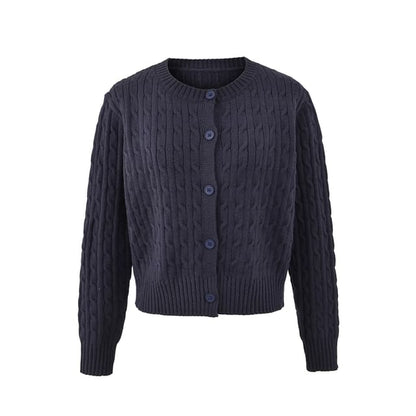 V-Neck Plain Cable Knit Button Up Cardigan