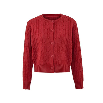 V-Neck Plain Cable Knit Button Up Cardigan