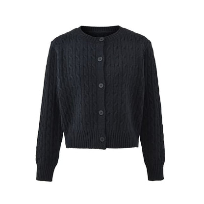V-Neck Plain Cable Knit Button Up Cardigan