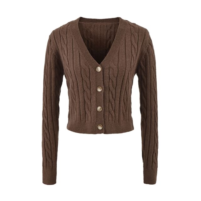 V-Neck Plain Cable Knit Crop Cardigan