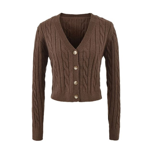 V-Neck Plain Cable Knit Crop Cardigan