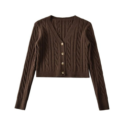 V-Neck Plain Cable Knit Crop Cardigan