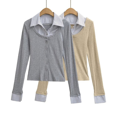 Collared Striped Mock Two Piece Cardigan