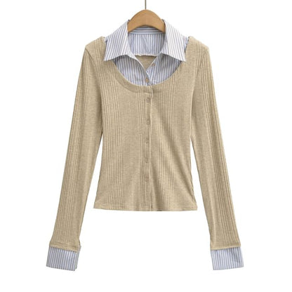 Collared Striped Mock Two Piece Cardigan