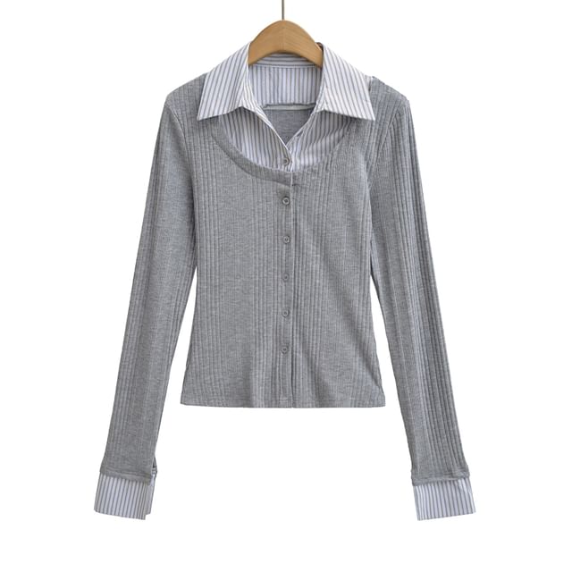 Collared Striped Mock Two Piece Cardigan