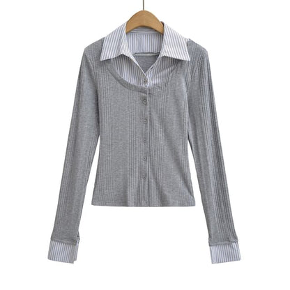Collared Striped Mock Two Piece Cardigan