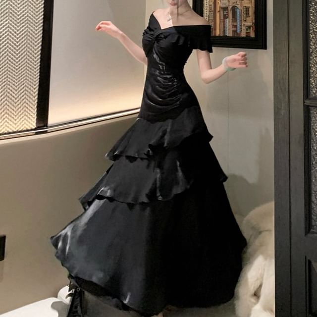 Short-Sleeve Off Shoulder Plain A-Line Evening Gown