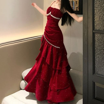 Spaghetti Strap Rhinestone A-Line Tiered Evening Gown