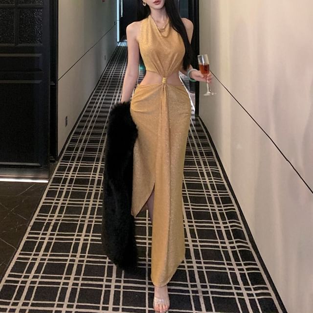 Sleeveless Cutout Glitter Sheath Evening Gown