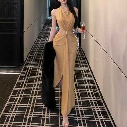 Sleeveless Cutout Glitter Sheath Evening Gown