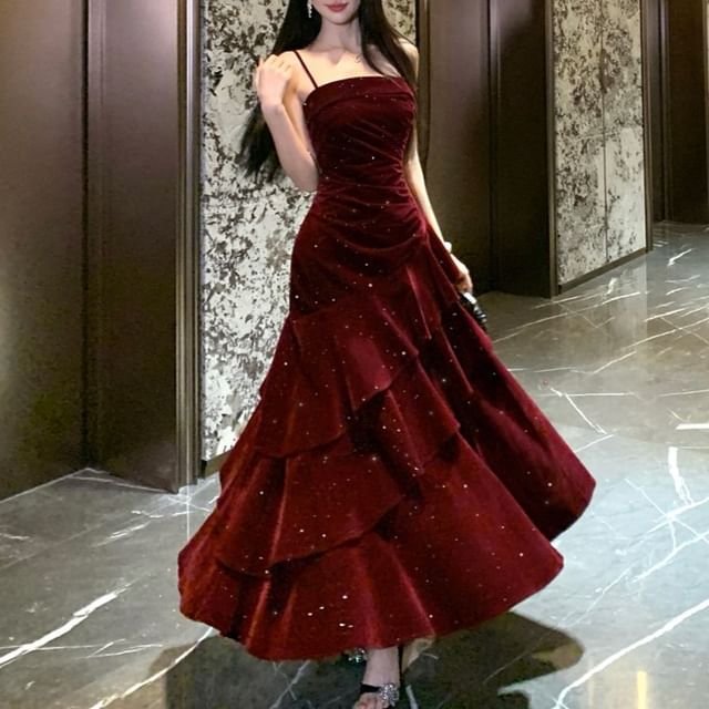 Spaghetti Strap Glitter Velvet Tiered A-Line Evening Gown