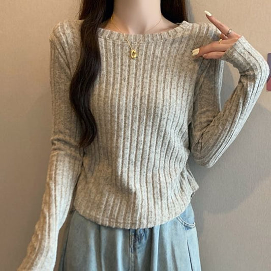 Ribbed Boatneck Long Sleeve Top
