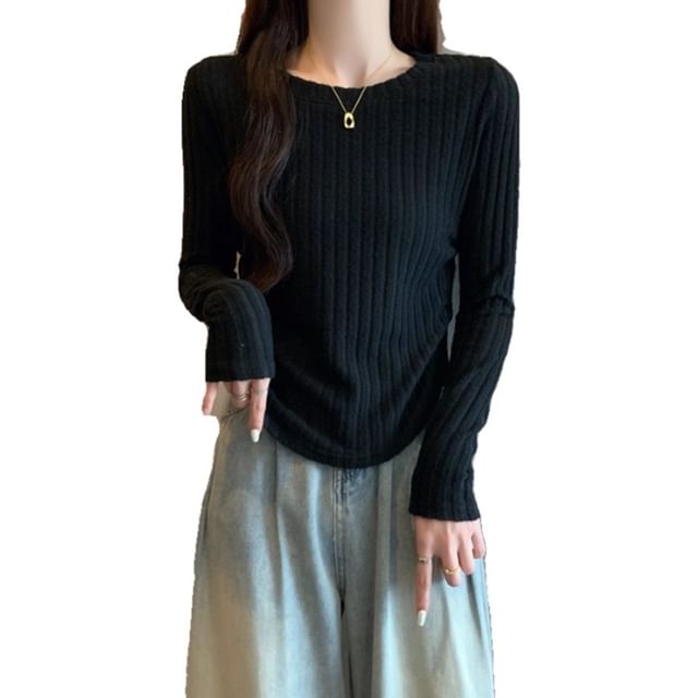 Ribbed Boatneck Long Sleeve Top