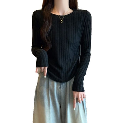 Ribbed Boatneck Long Sleeve Top