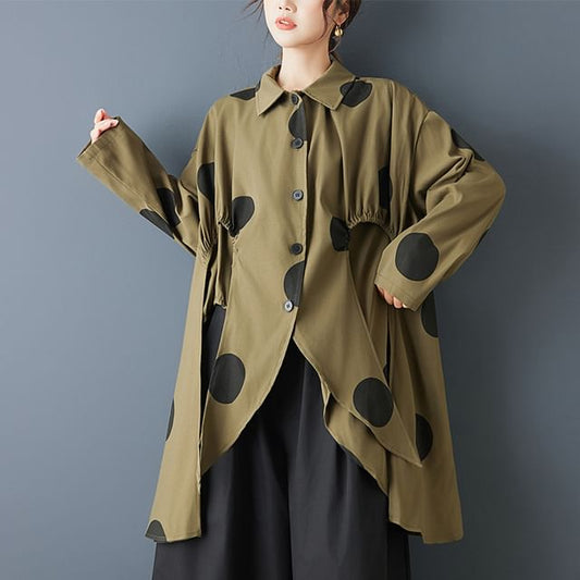 Collared Dotted Long Shirt with Slit
