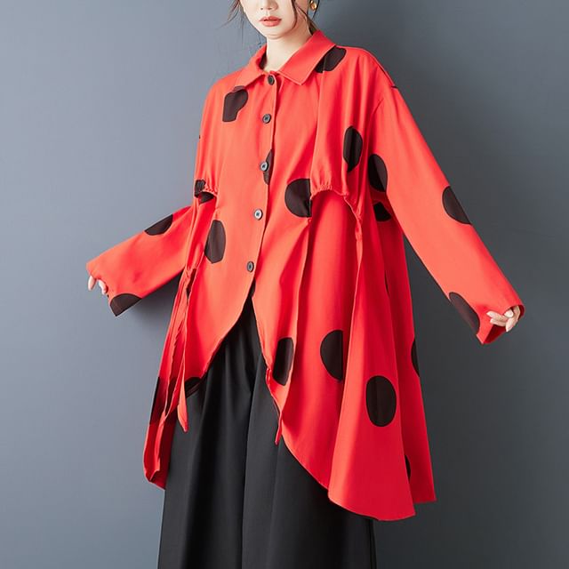 Collared Dotted Long Shirt with Slit