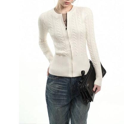 Crew Neck Zip-Up Plain Cable Knit Cardigan
