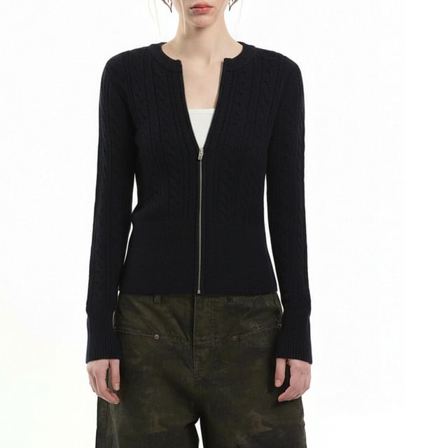 Crew Neck Zip-Up Plain Cable Knit Cardigan
