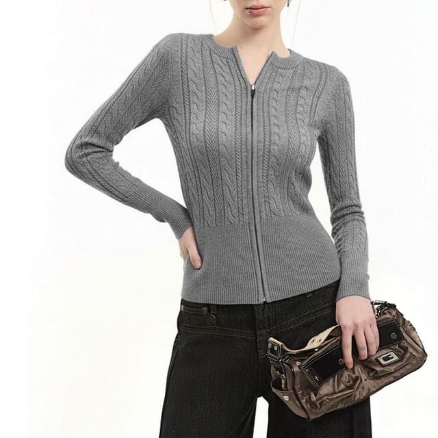 Crew Neck Zip-Up Plain Cable Knit Cardigan