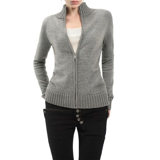 Stand Collar Zip-Up Plain Cardigan