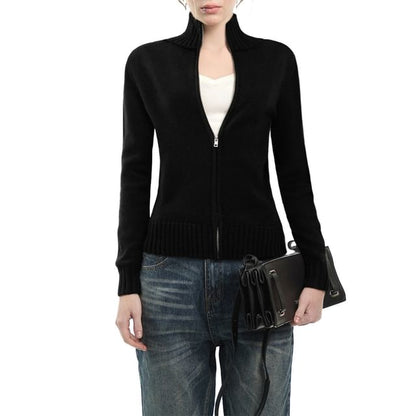 Stand Collar Zip-Up Plain Cardigan