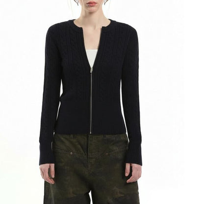 Crew Neck Zip-Up Plain Cable Knit Cardigan