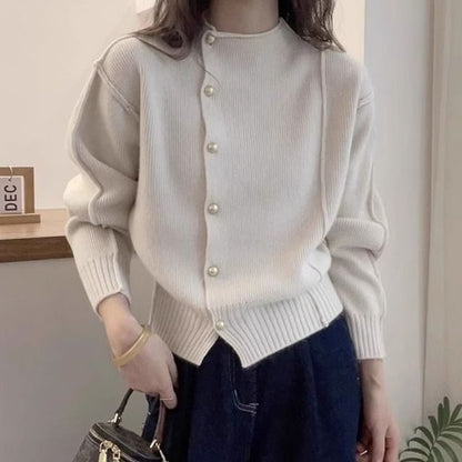 Round Neck Plain Faux Pearl Cardigan