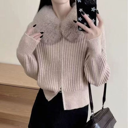 Fluffy Collar Plain Ribbed Knit Zip Cardigan